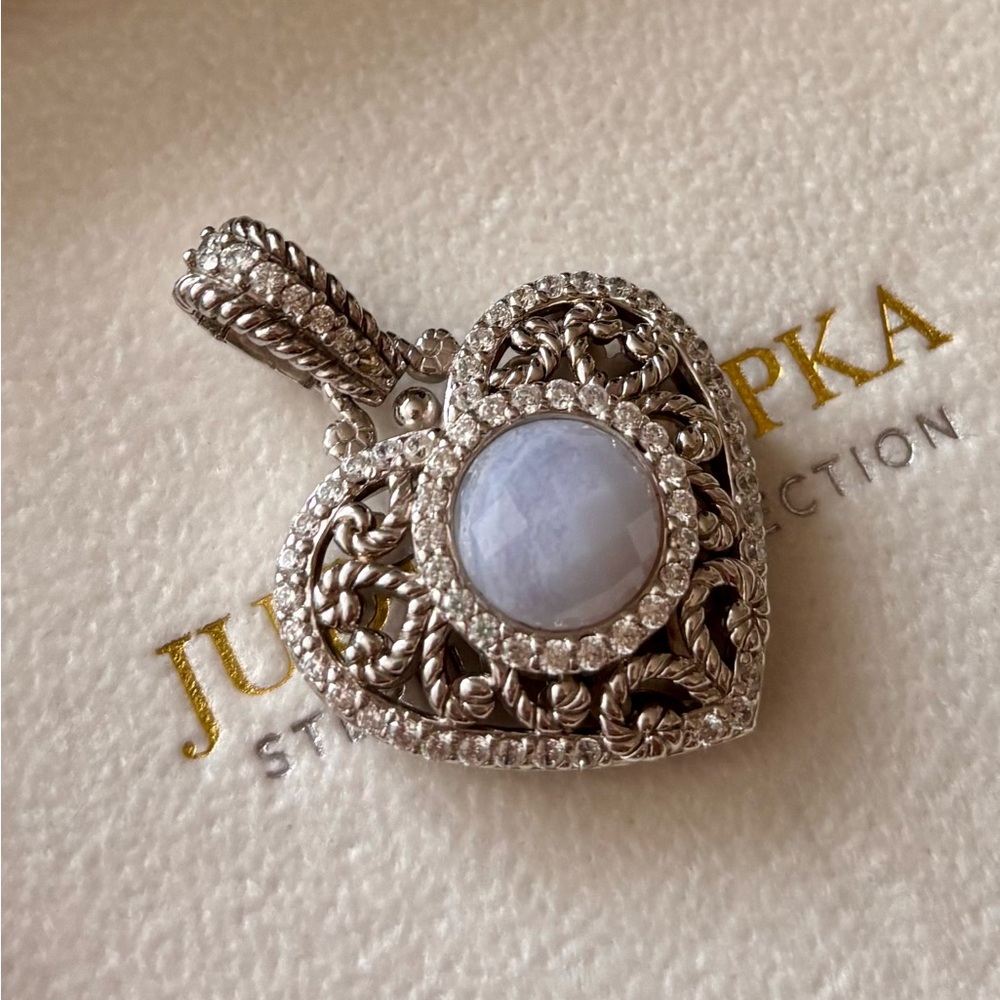 Judith Ripka Silver Heart Pendant with Pale Blue Center Stone